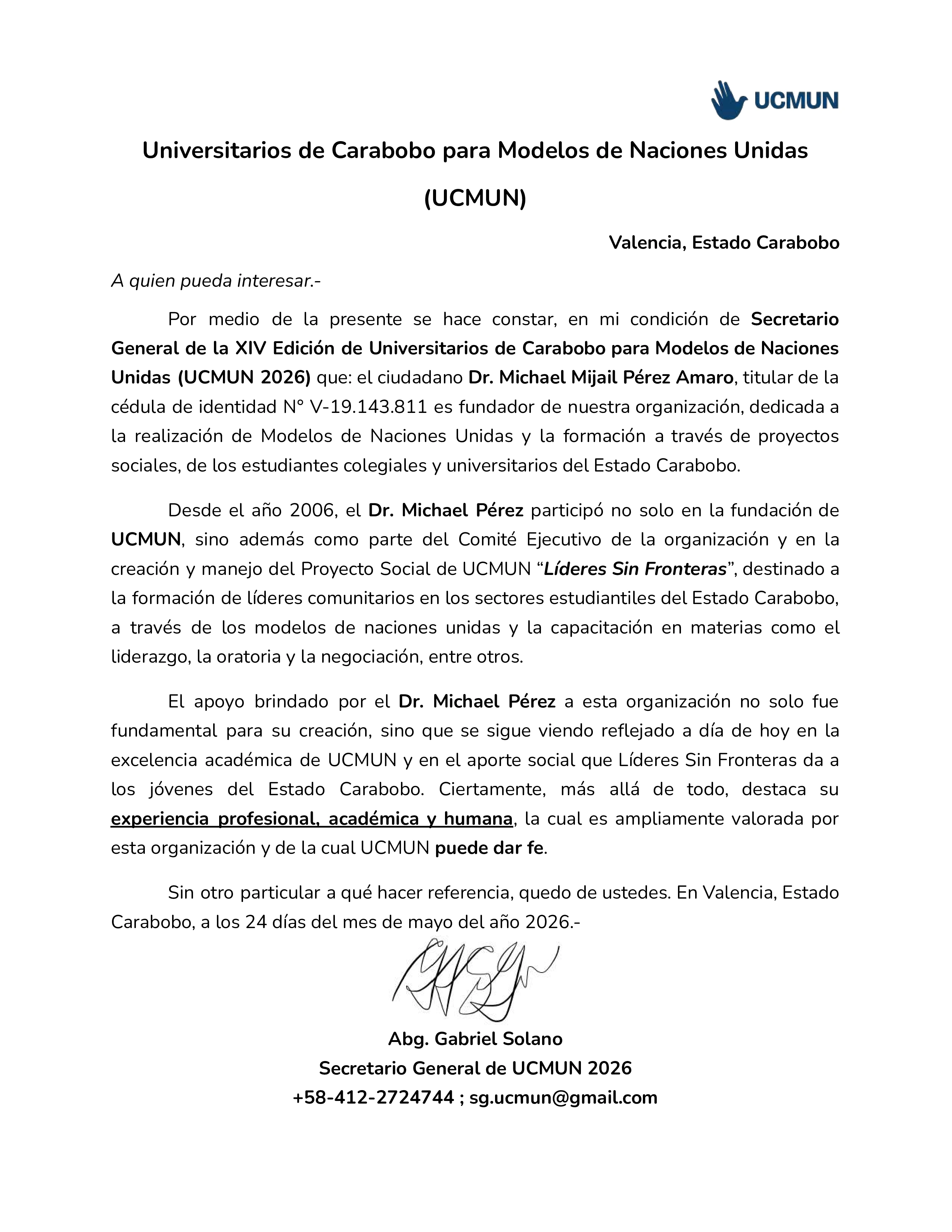 Carta UCMUN 2026