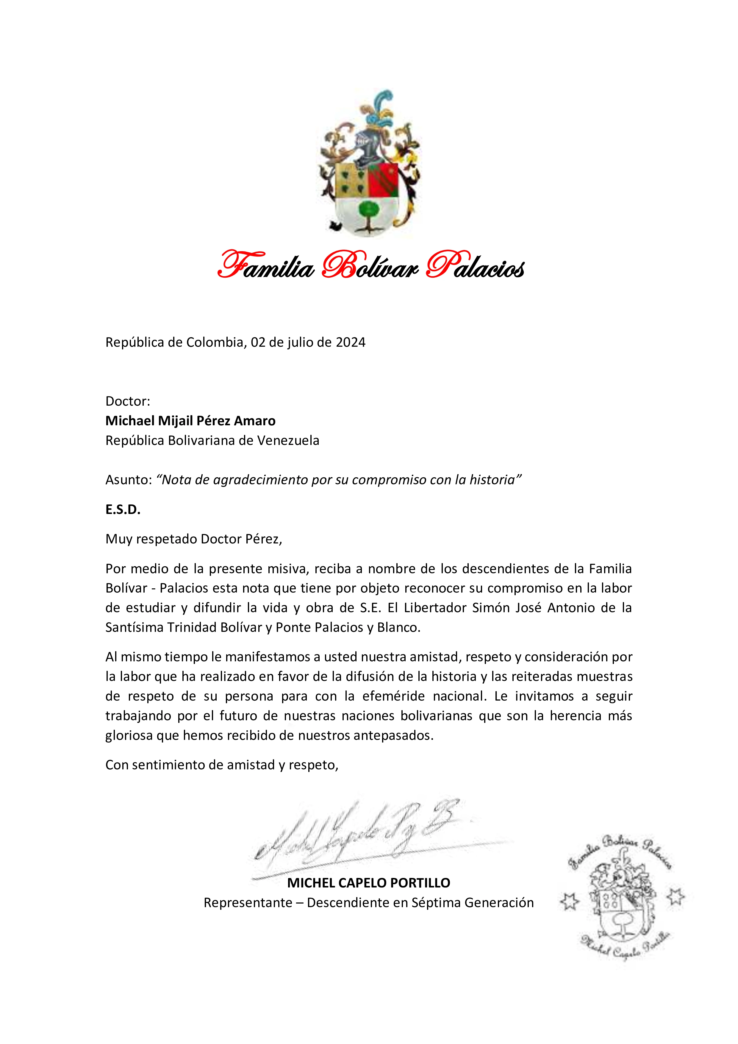 Carta — Familia Bolívar Palacios